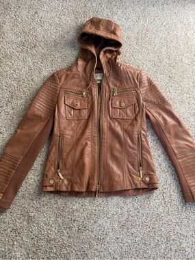 Michael Kors Hooded Leather Jacket with Gold Hardware